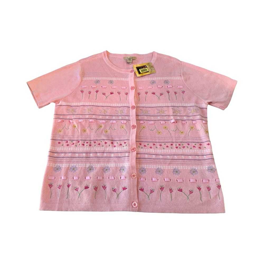 Bechamel Womens L Pink Floral Embroidered‎ Cardigan Sweater Short Sleeve NWT